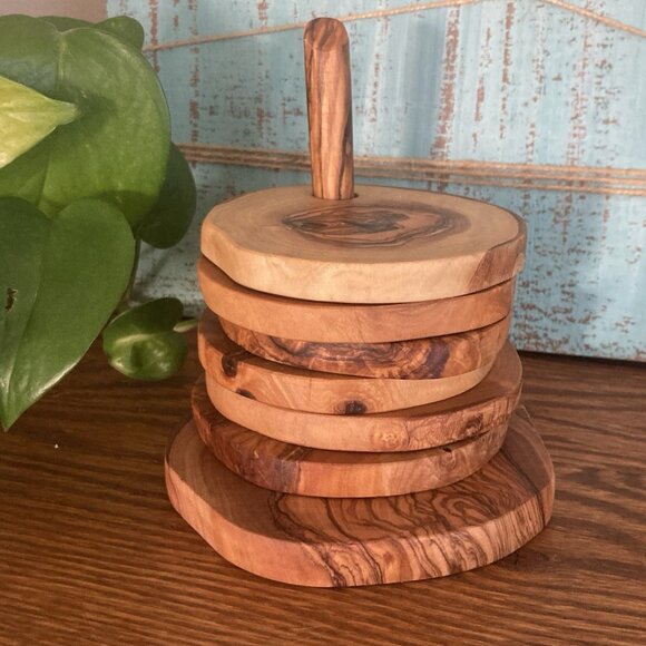 Olive Wood Rustic Natural Coaster Set of 6 with Holder Hand Made - Picture 14 of 16